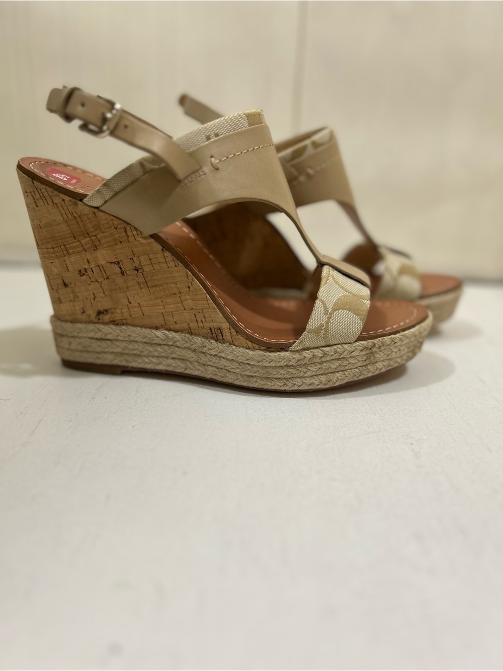 Coach Neutral Beige Cork Espadrille Wedge Sandals